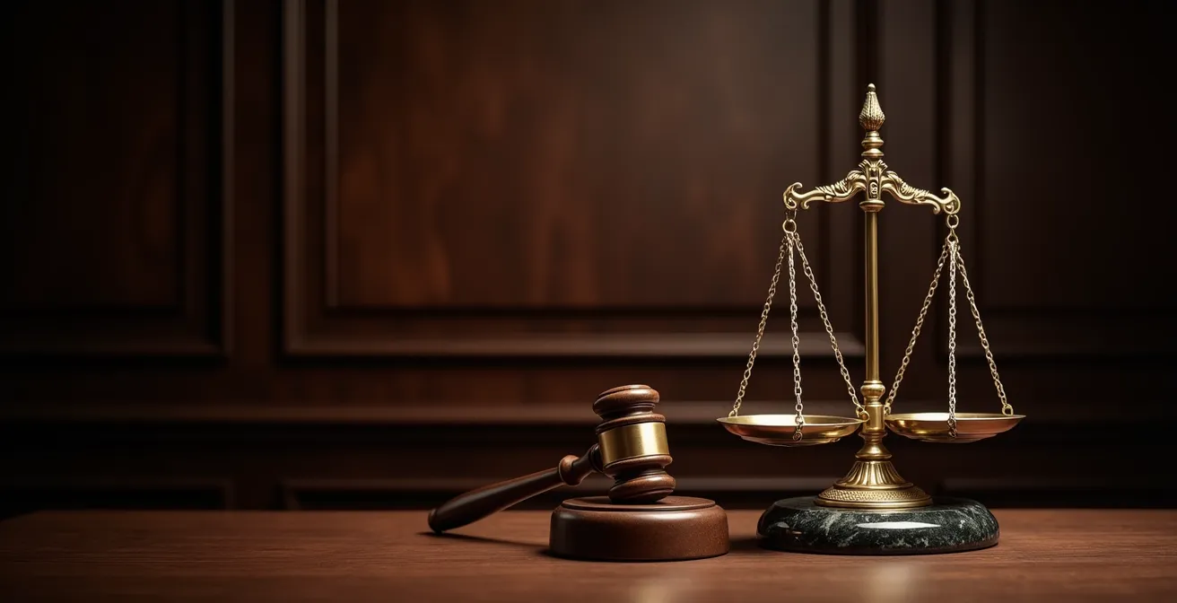 Balance de justice en bronze avec marteau de juge symbolisant la responsabilité juridique